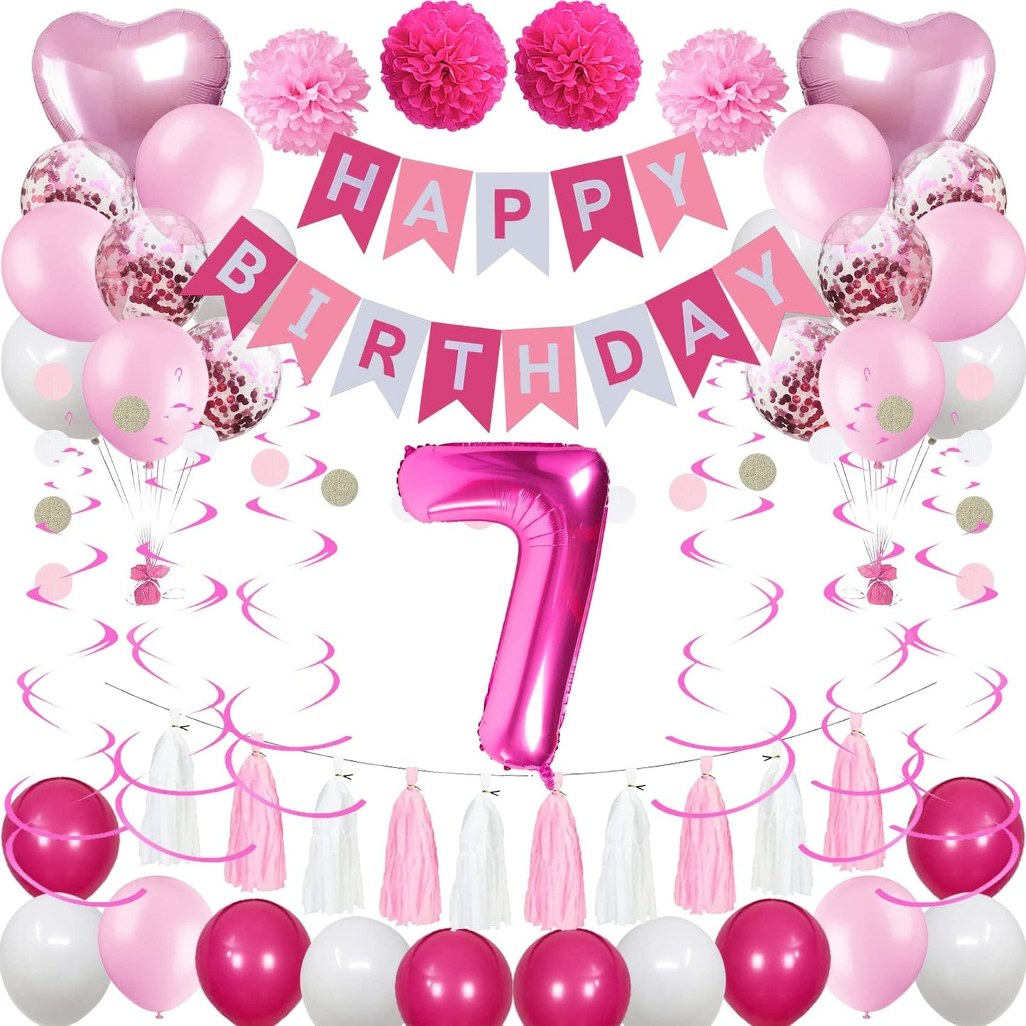 Sweet 7Th Birthday Decorations For Girls, Pink And White 7 Happy Birthday Balloons,7Th Birthday Party Supplies For Daughter Her