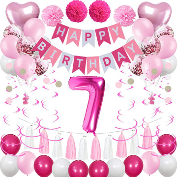 Sweet 7Th Birthday Decorations For Girls, Pink And White 7 Happy Birthday Balloons,7Th Birthday Party Supplies For Daughter Her