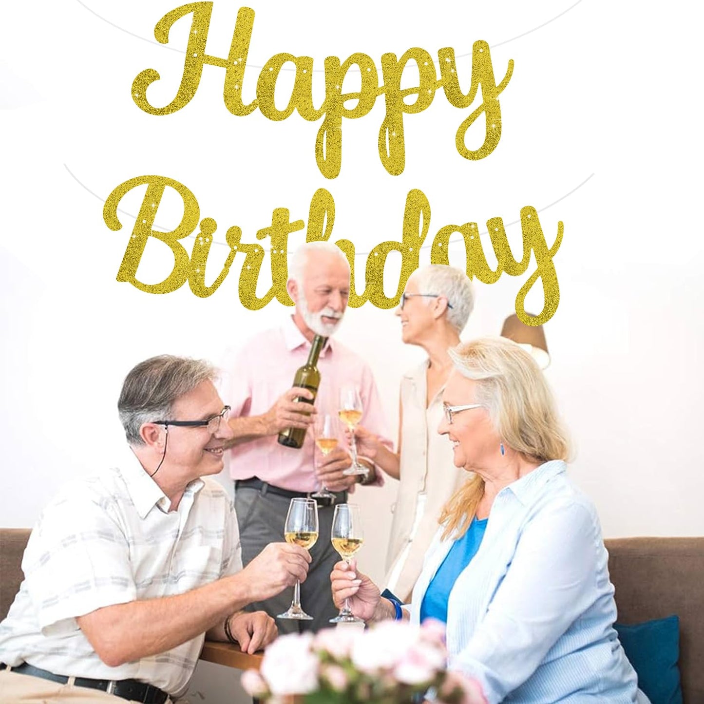 Beishida Gold Happy Birthday Banner - No Diy 10Feet,Pre-Strung-Glitter Happy Birthday Sign, Happy Birthday Garland,Happy Birthda
