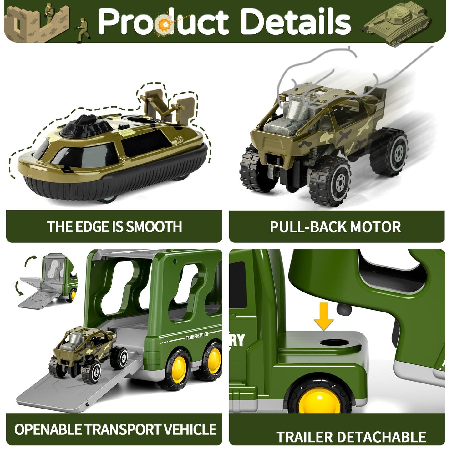 Doloowee 14 in 1 Green Military Truck Toys, Army Tanks Set with Soldier Men, Army Men Toys, Military Truck Toy with Lights and S