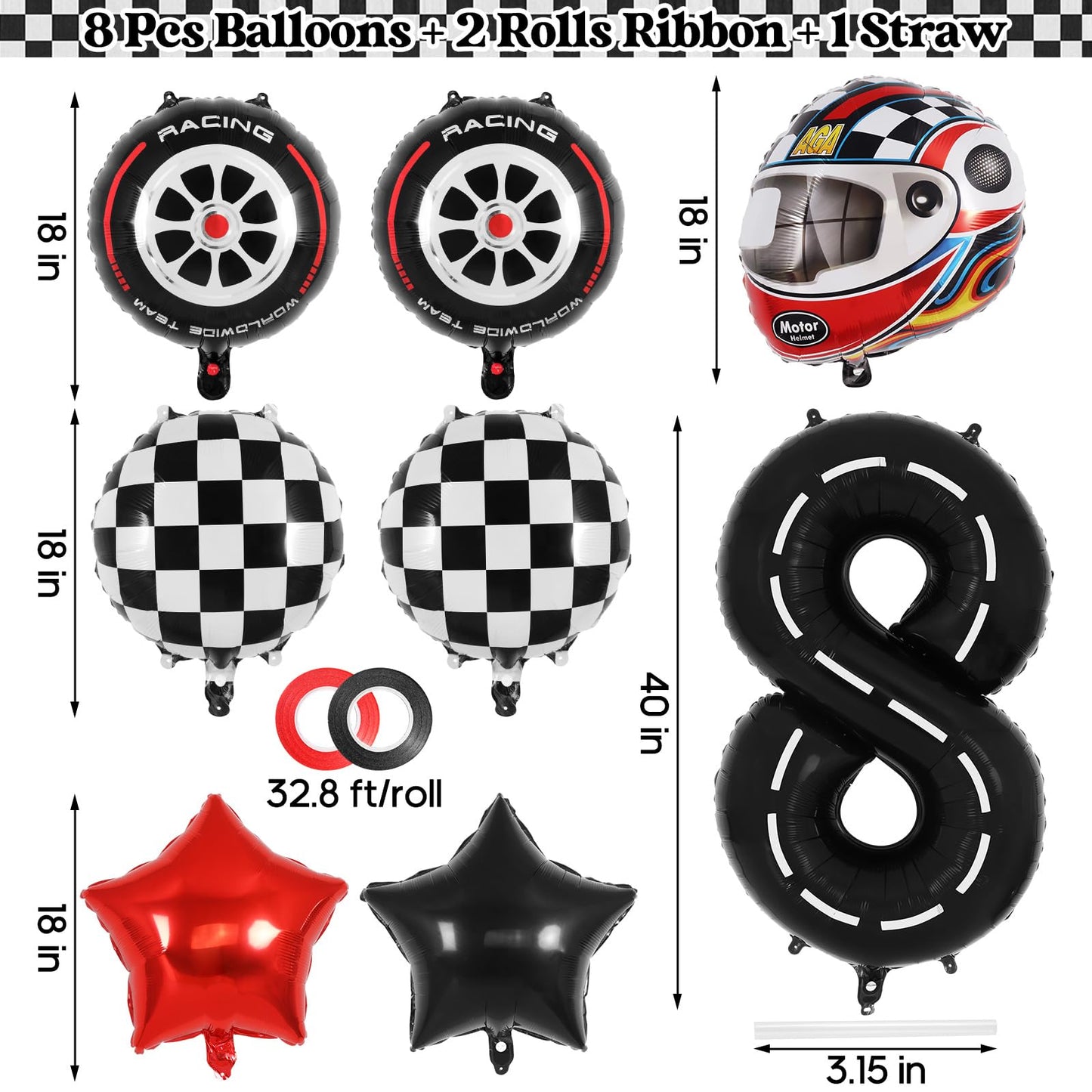 Race Car 8 Balloons, 40 Inch Racetrack Number 8 Balloon, Large Foil Mylar Racetrack Black 8 Balloon For 8 Year Old Birthday Race