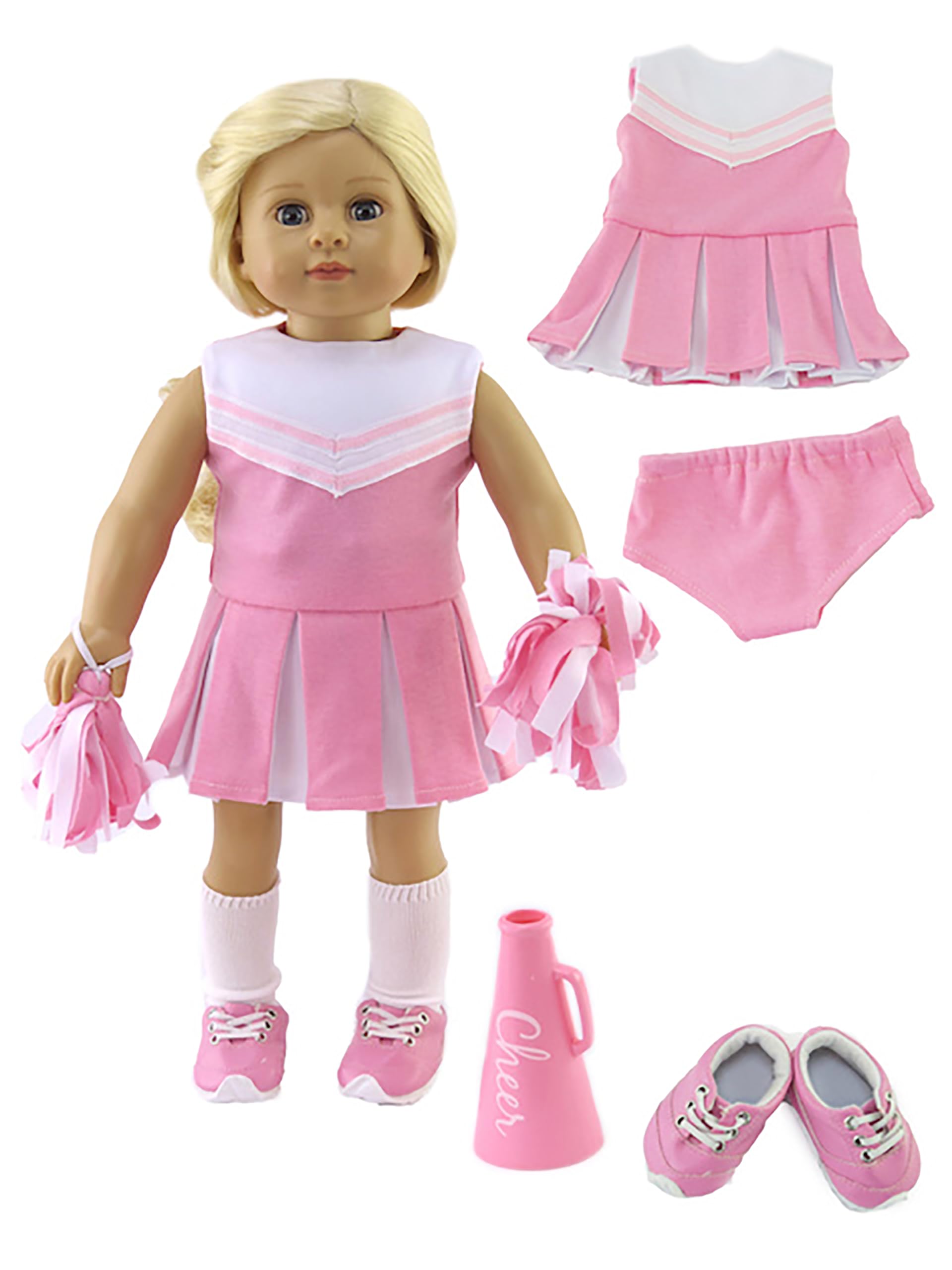 Pink Cheerleader Uniform with Shoes and Accessories 6PCS Outfit for 18-Inch Dolls | enhanced Quality & Trendy Design | Dolls Clothes | Outfit Fashions for Dolls for Popular Brands