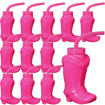 Hoolerry 12 Pcs Cowboy Boot Party Plastic Cups With Straws And Lids 10 Ounces Plastic Cowboy Cups For Western Themed Party Suppl