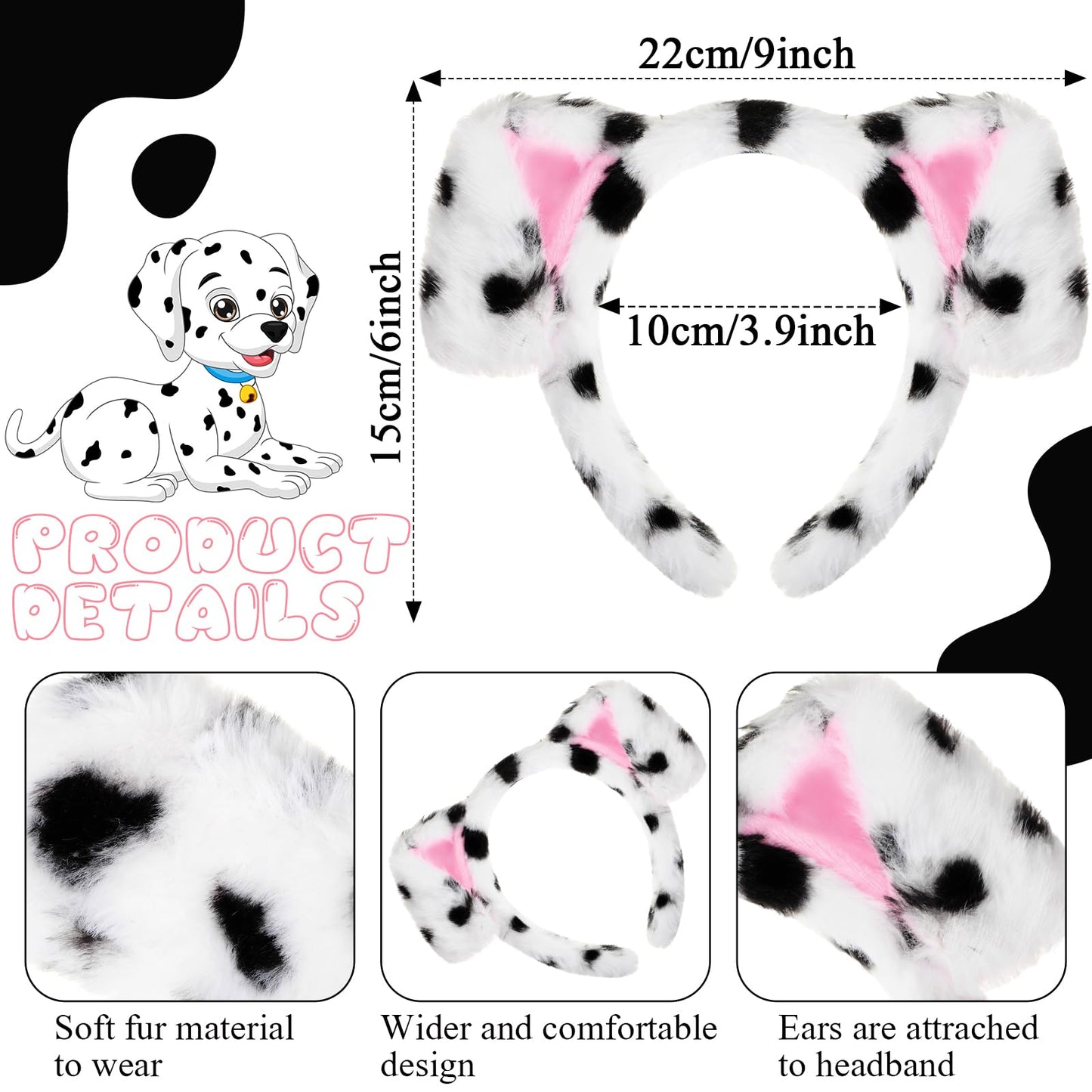 Syhood Puppy Dog Costume Set Kids Dog Ears Headband Bowtie Nose Tail Paw Gloves Puppy Animal Costume For Halloween Carnival World Book Day(Black White,Simple Style)