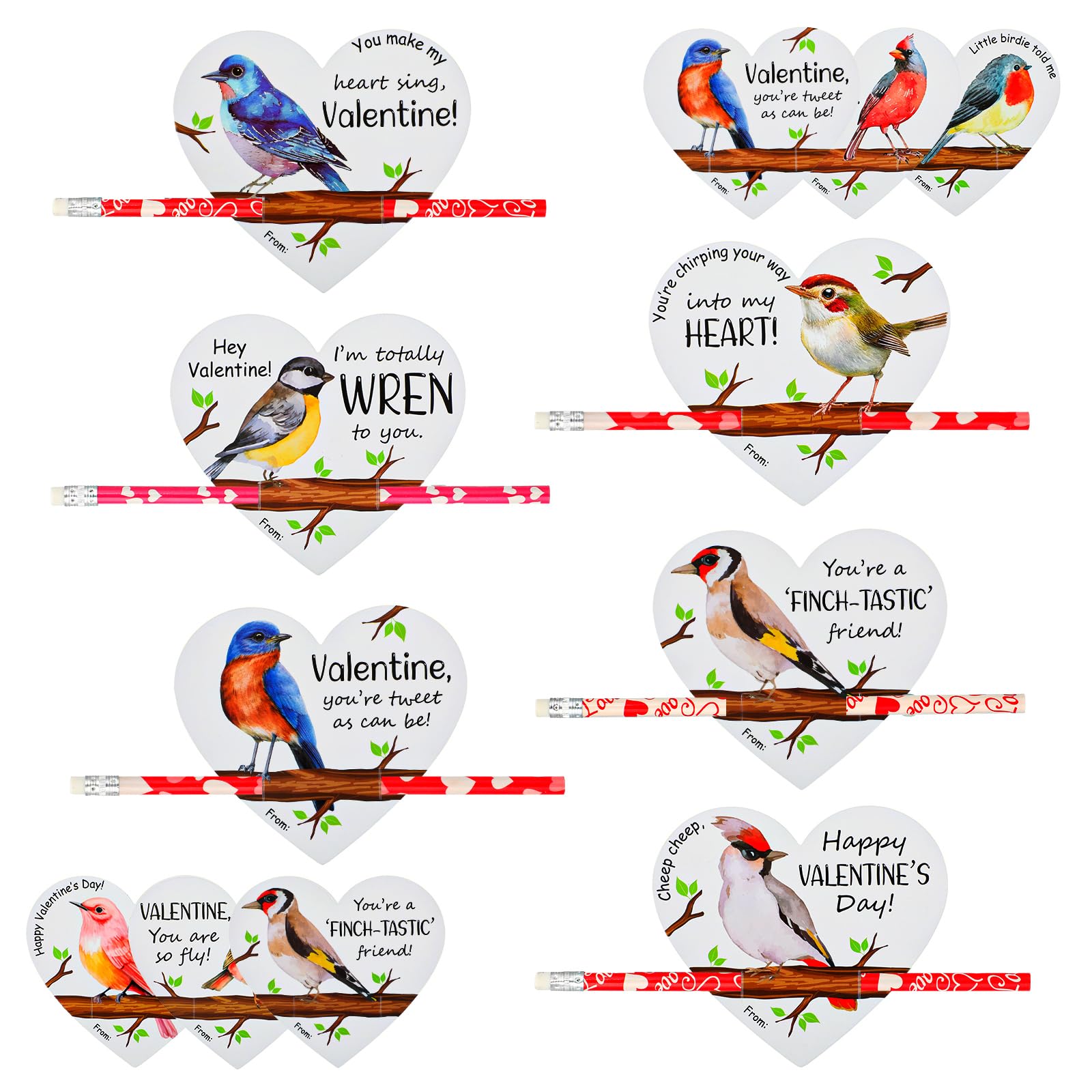 Chivertion 48 Sets DIY Valentine s Day Exchange Gift for Kids Bird Themed Funny Cards with Heart Pencils Wren Robin Sparrow for
