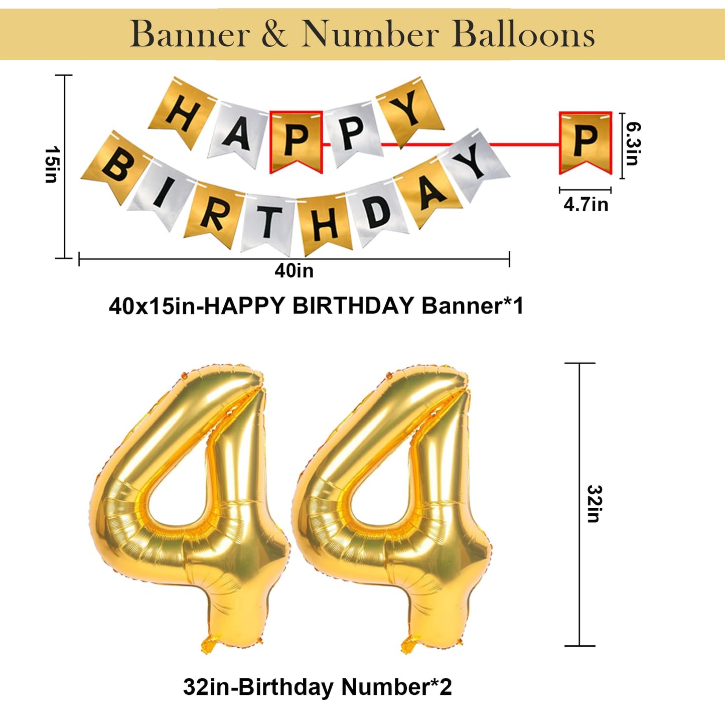 Naninuneno 44Th Gold Birthday Decorations, Gold Black Silver Happy Birthday Balloons Supplies For Boy Men Girl Women, 44 Birthda