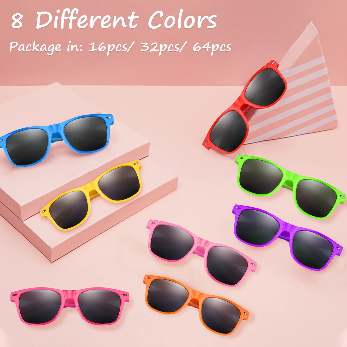 Astaron 64 Pieces Sunglasses Bulk Neon Party Favors Goody Bag Fillers For Beach Wedding Party Pool Party Supplies, 8 Colors