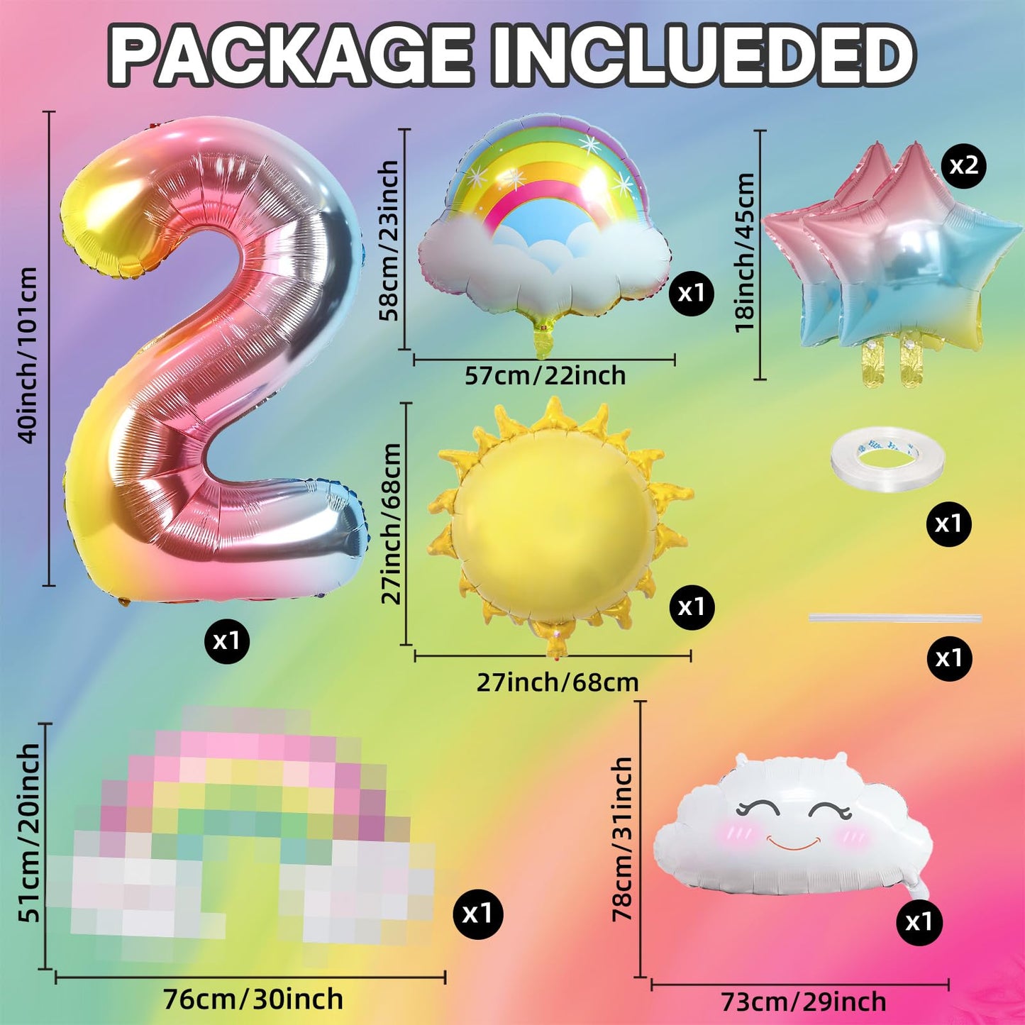 Rainbow Balloons 2Nd Birthday Decorations For Girls, Rainbow Birthday Balloons Set 2 Year Old Birthday Decorations With Sun Rain