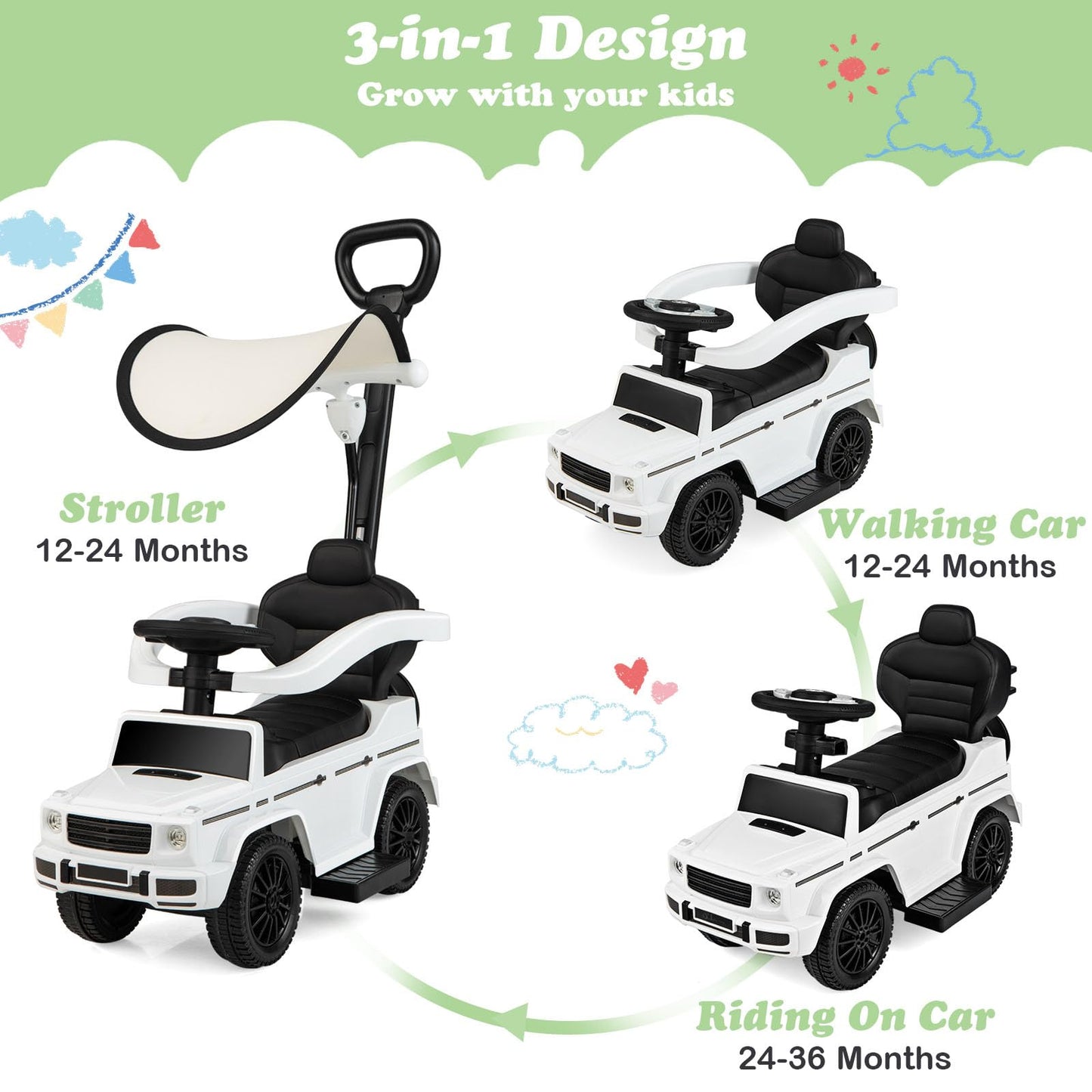 Nightcore Push Car, Ride On Car With Removable Canopy, Backrest, Anti-Tipping Design, Retractable Footrest, Engine Sound, Safe G