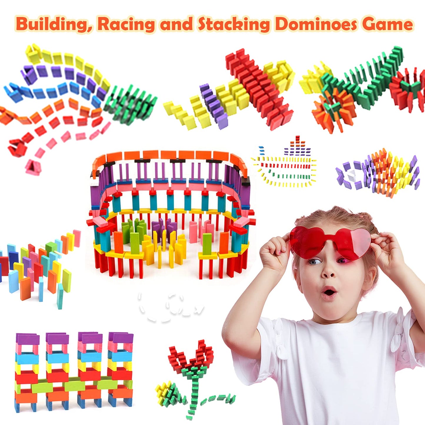 WOOD CITY 1000 Piece Wooden Dominoes Set for Kids - Colorful Stacking Blocks with Storage Bag - Educational Toy