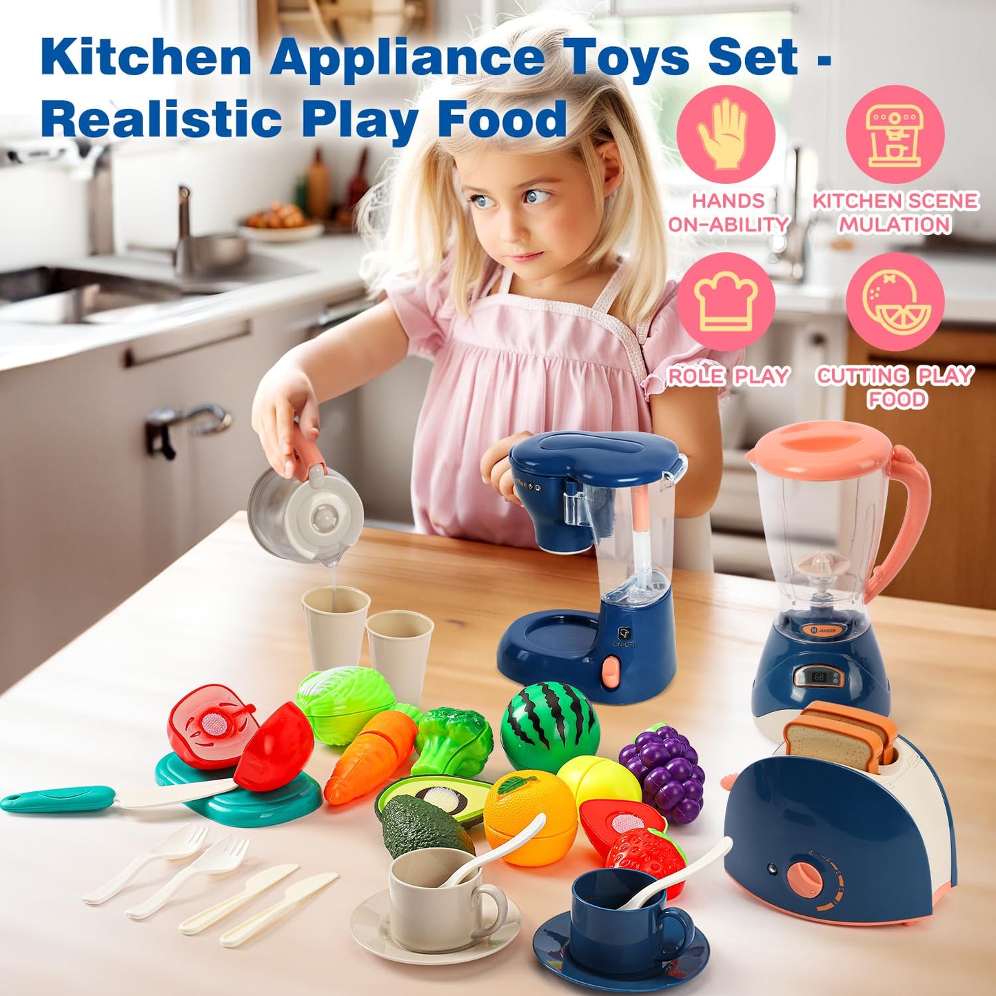 TOY Life Kids Blender Toy, Kids Coffee Maker, Toy Toaster, Toy Kitchen,Play Kitchen Appliances Kids with Light and Sound, Play C