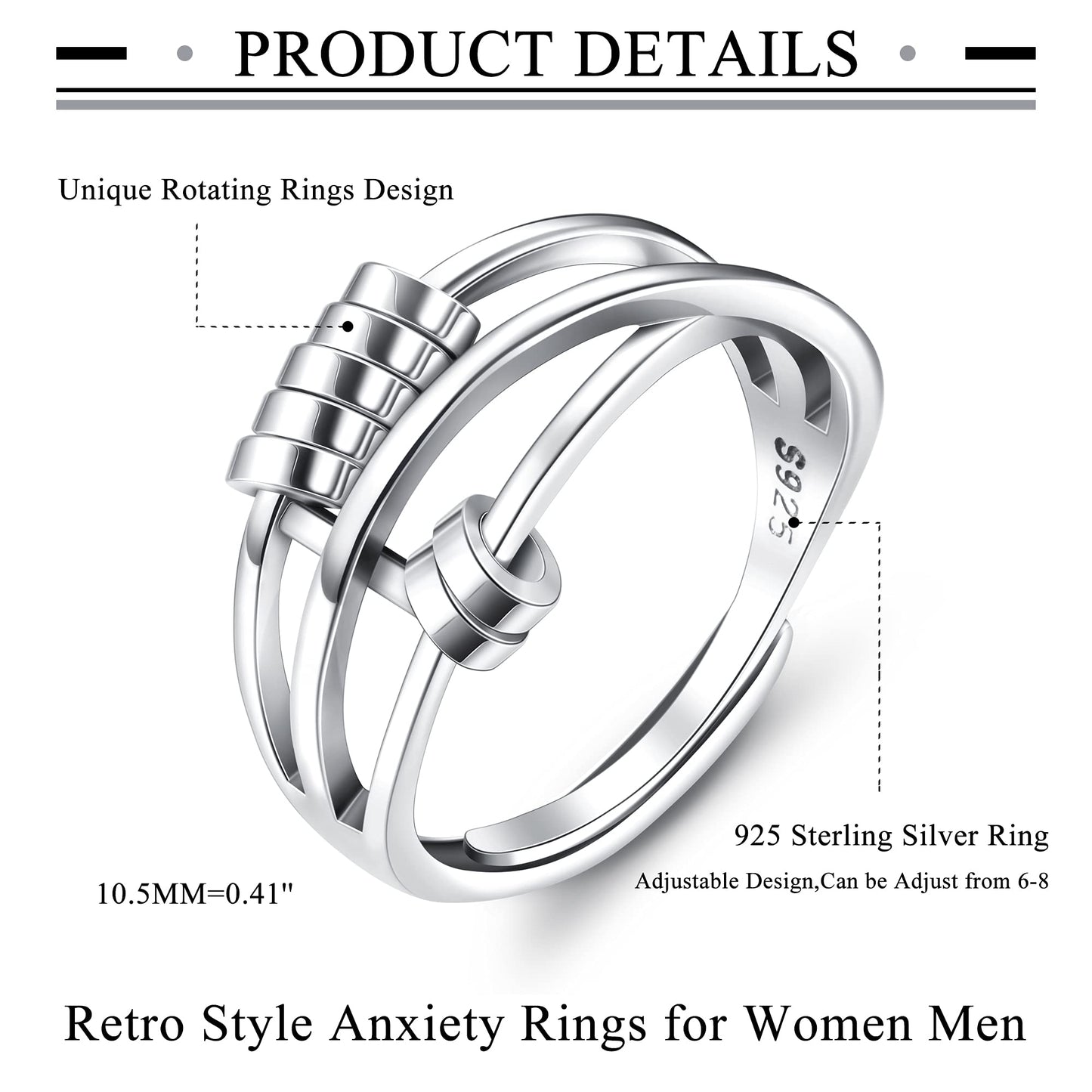 MILACOLATO 925 Sterling Silver Anxiety Ring for Women Men Fidget Peace Rings for Anxiety Stress Reliever Spinner Ring Retro Adju