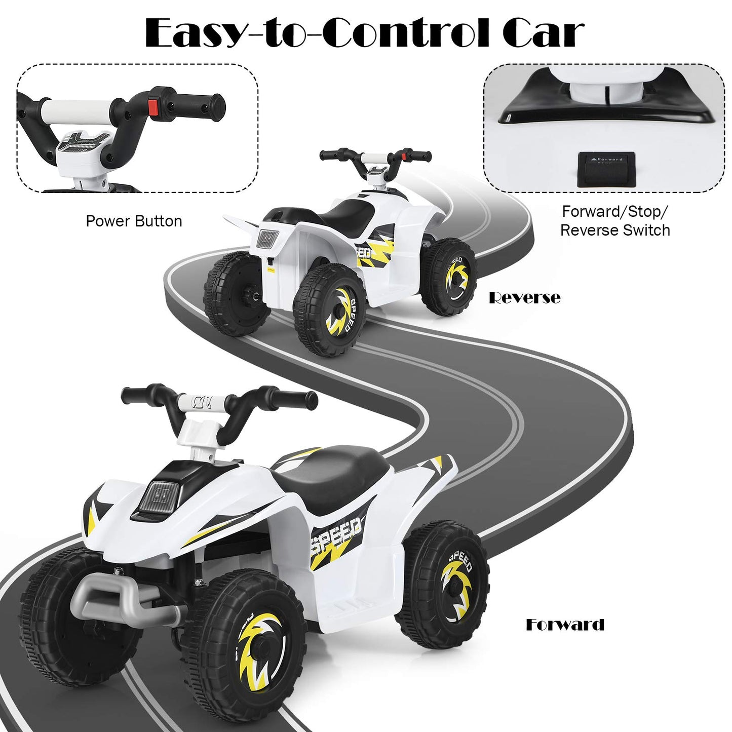 OLAKIDS Kids Ride On ATV  6V Motorized Quad Toy Car for Toddlers  4 Wheeler Battery Powered Electric Vehicle for Boys Girls with Forward/Reverse Switch  Anti-Slip Wheels (White)