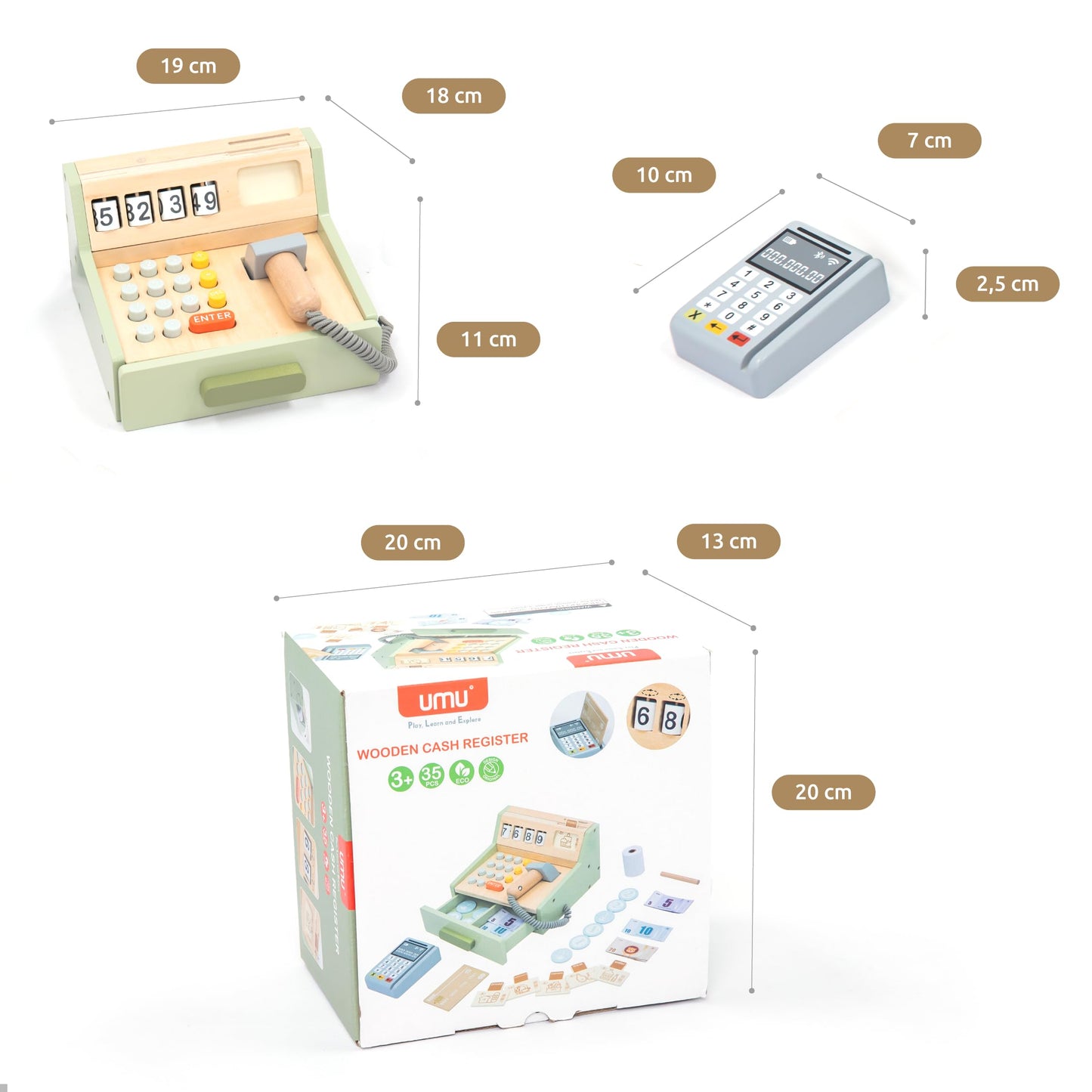 Umu Wooden Cash Register For Kids - Includes Accessories (Scanner, Payment Terminal, Play Money, Etc.), Role Play Shop & Accesso