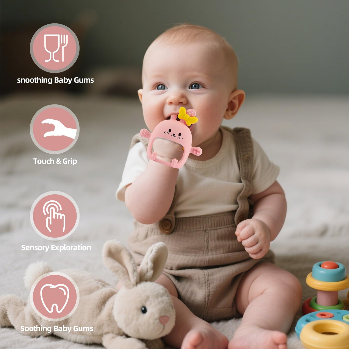 Chuya Baby Teething Toy for 0-3 3-6 6-12 12-24 Months Bunny Mitten Toys Anti-Drop Chewable Hand Teether for Infant,Food Grade Si
