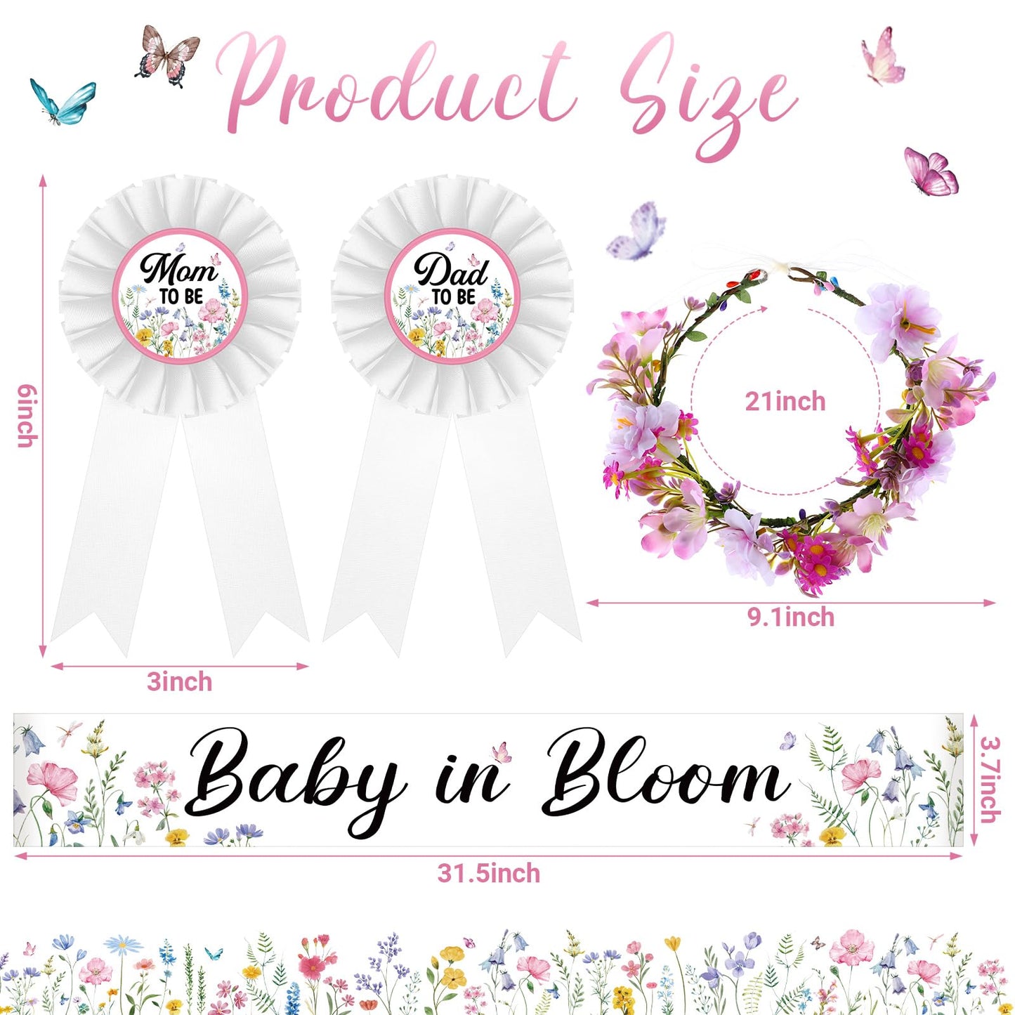 Ceenna Wildflower Baby Shower Decorations Baby in Bloom Floral Mom to Be Sash and Dad to Be Pin Flower Crown for Gender Reveals