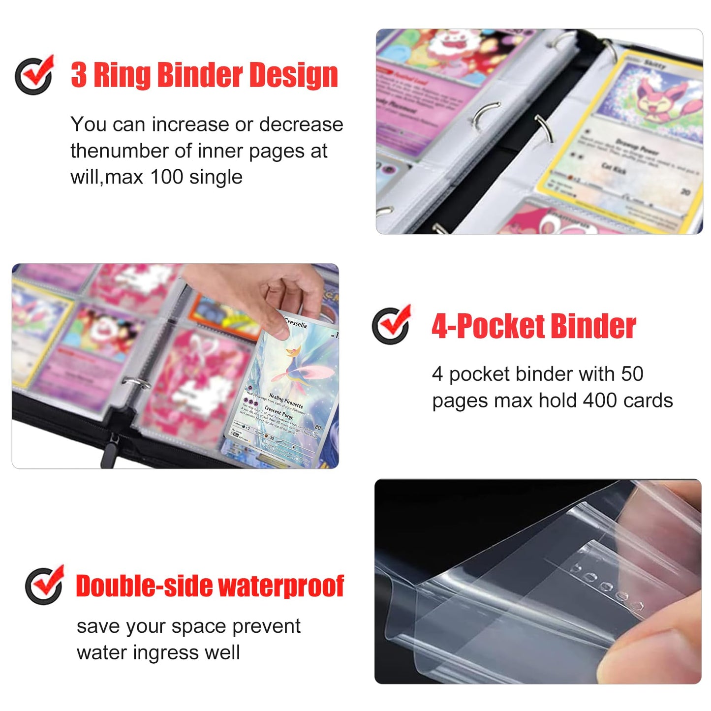 Pink Card Binder for Girls 4 Pocket with 50 Sleeves up to 400 Cards Cute Trading Card Binder Waterproof Photocard Storage Bag for Cute Cards