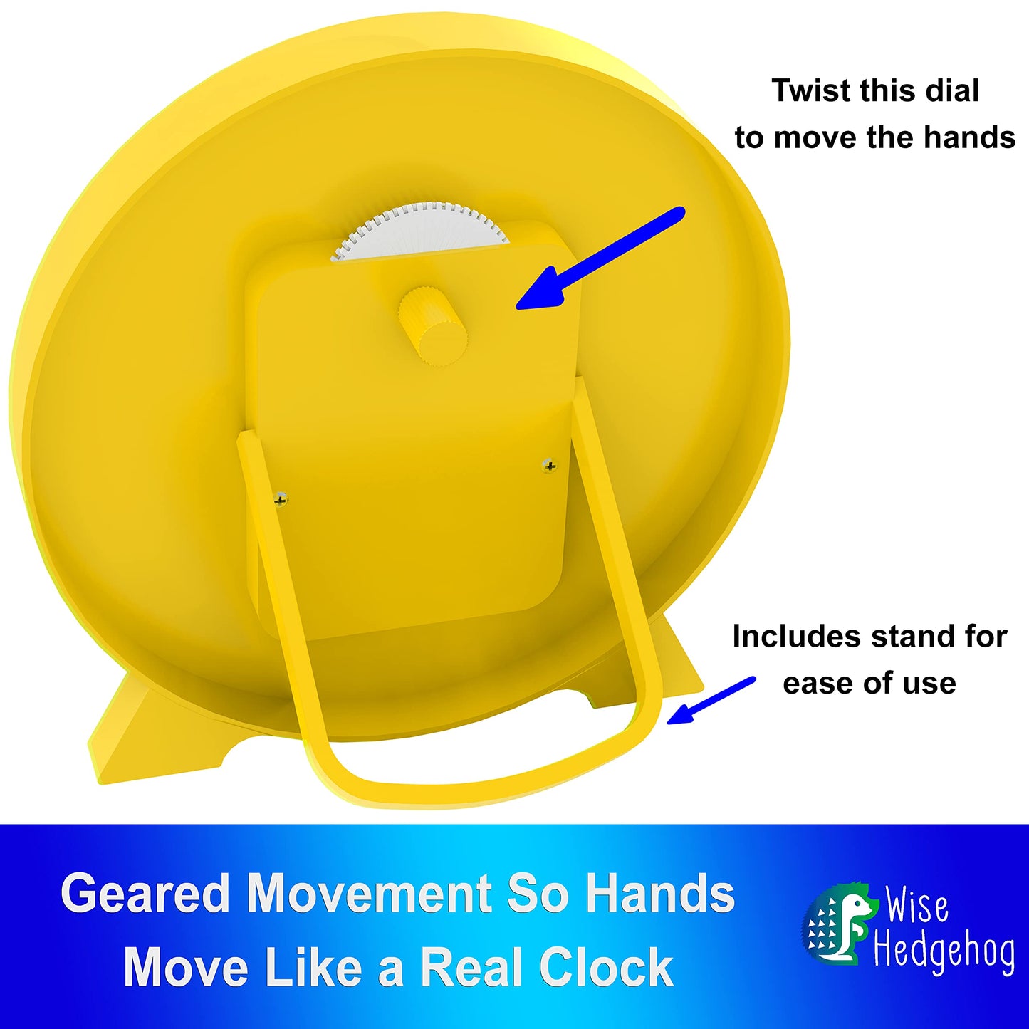 Wise Hedgehog Kids Telling Time Practice Learning Clock, 4 Inch Size Teaching Handheld Analog Clock, Geared Movement Makes Finge