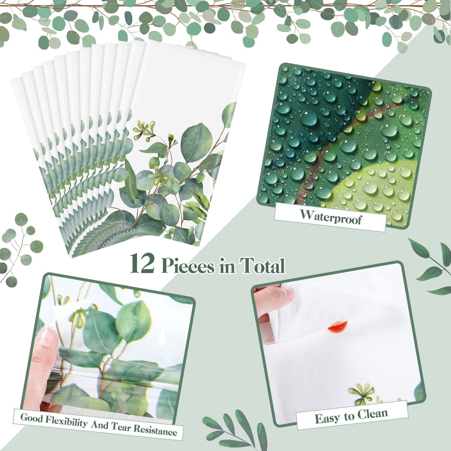 Remagr 12 Pcs Sage Green Tablecloth Plastic Eucalyptus Leaf Table Cover Rectangle Disposable Table Cloth for Bridal Baby Shower