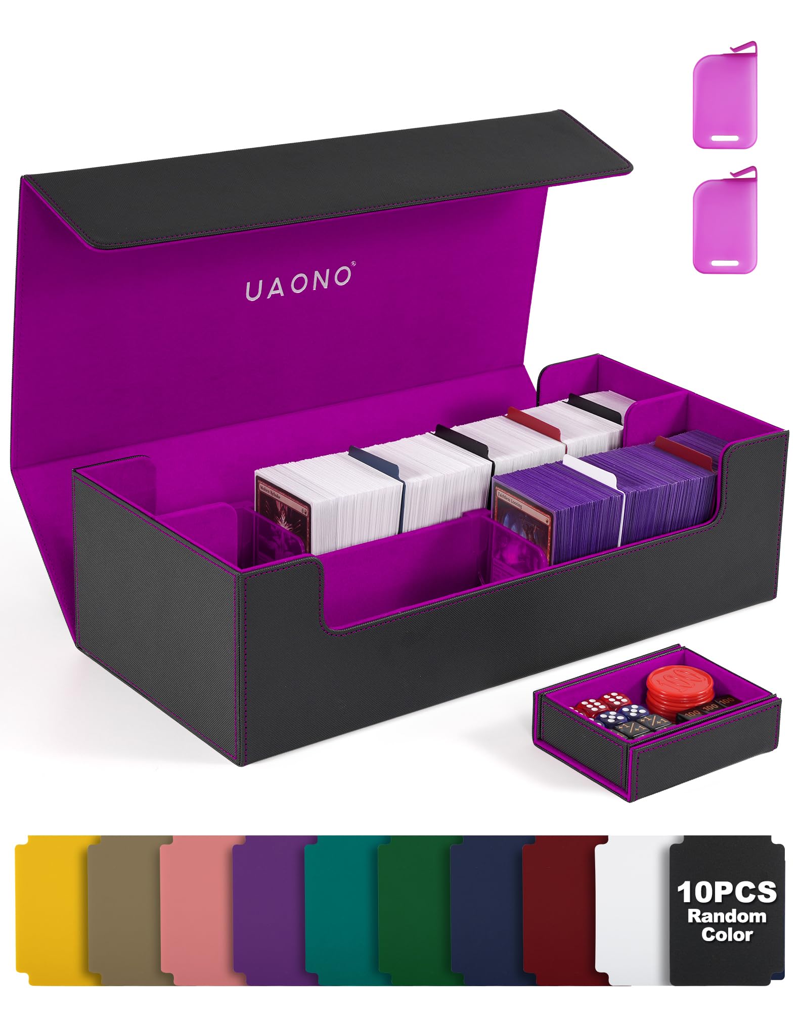 UAONO Trading Card Storage Box for MTG  Fits 7 Pcs Small Commander Deck Box  Large Card Deck Case with Dice Box for TCG PTCG Magic Sports Cards Game Playmat (Black  Purple)