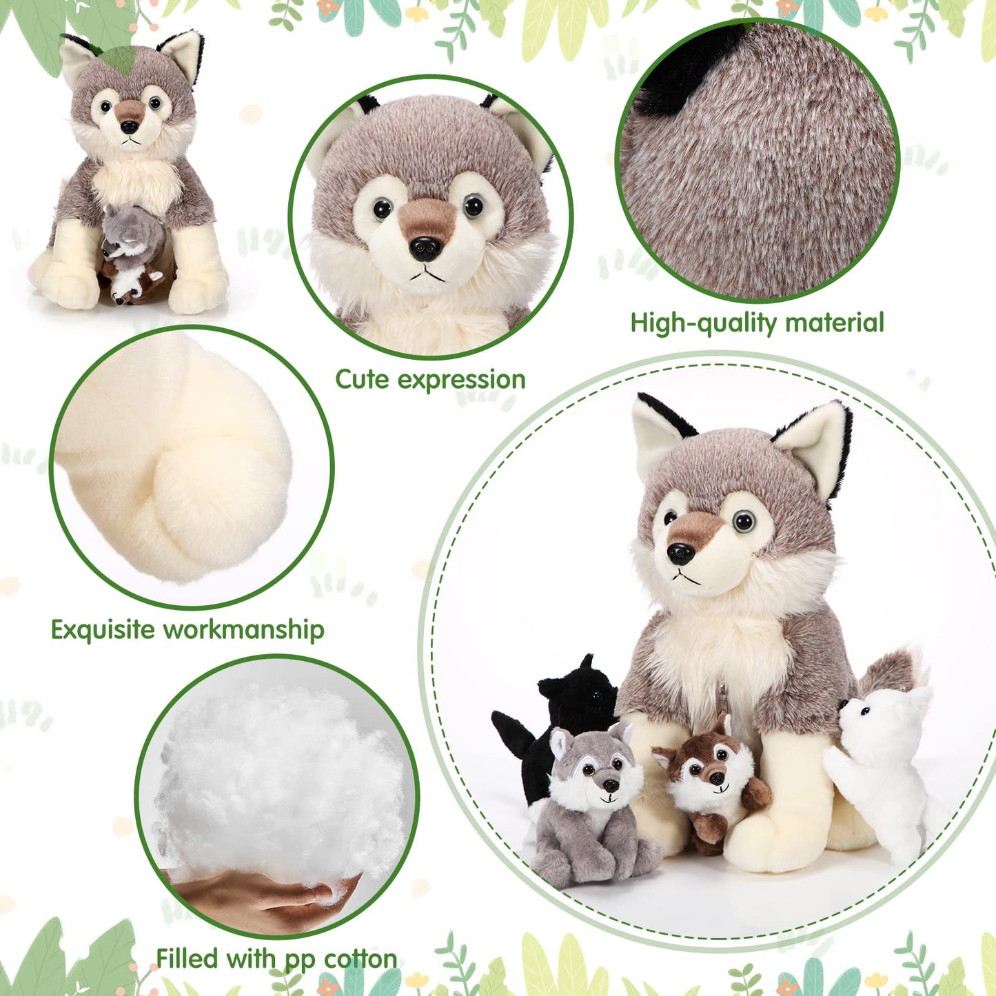 Honoson 5 Pcs Wolf Plush Toy Set 14 Inch Mommy Wolf Stuffed Animal With 4 Baby Wolves Soft Wolf Plushie For Wolf Lover Boys Girl