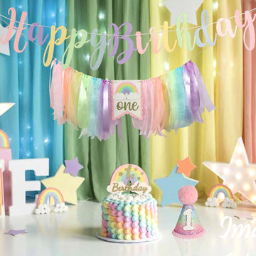 Pastel Rainbow High Chair Banner For 1St Birthday Decorations First One Birthday Party Girl With Cake Topper