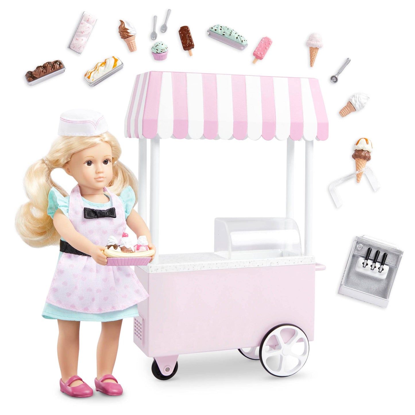Lori Mini Doll & Ice Cream Cart - Brown, Small, Plastic, Model LO31184Z - Includes Ice Cream Scoops & Accessories for 6-inch Dolls