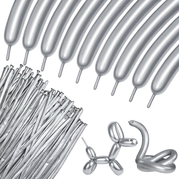 100Pcs 260 Balloons Metallic Silver Long Balloons For Balloon Animals, Silver Skinny Latex Twisting Balloon For Animals Modeling