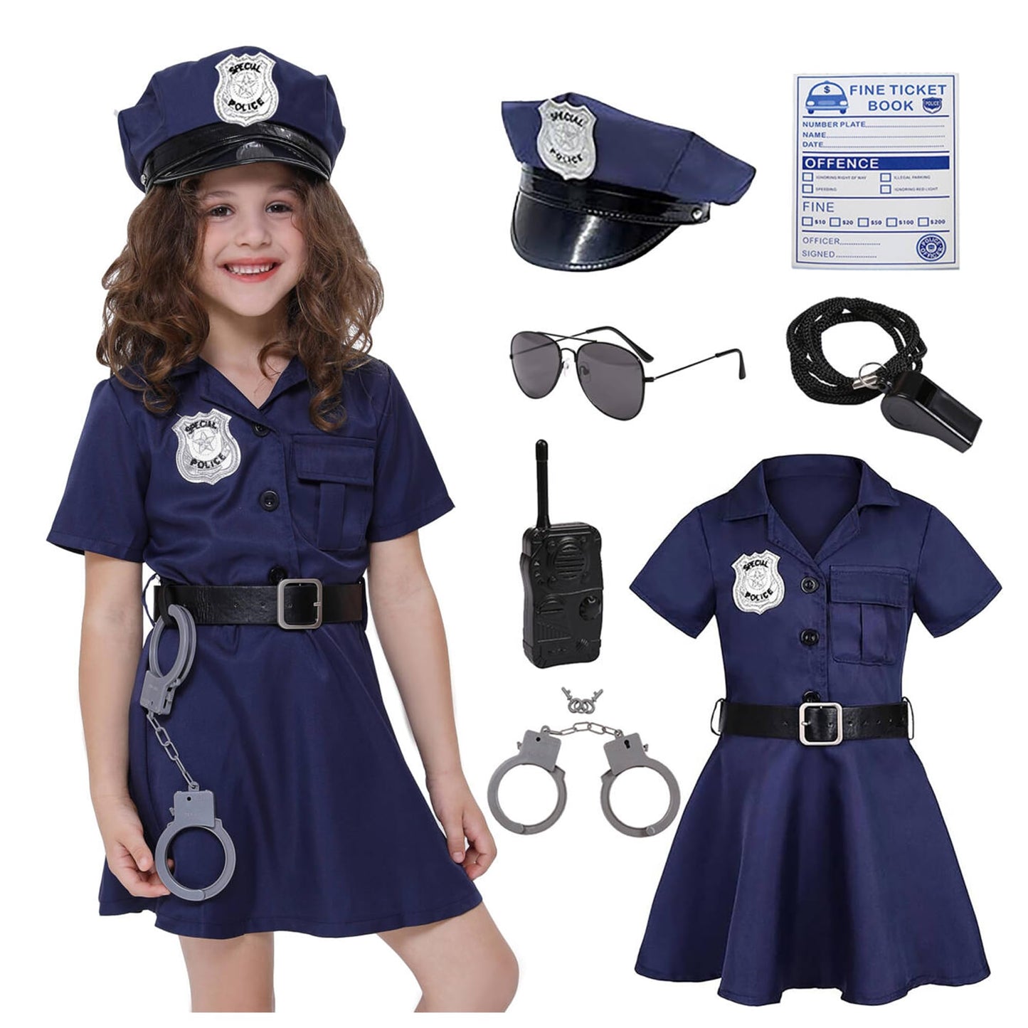 Koatobbor Girls Police Officer Costume Kids Cop Outfit For Halloween Cosplay Costume With Badge Necklace (7-8 Years)