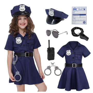 Koatobbor Girls Police Officer Costume Kids Cop Outfit For Halloween Cosplay Costume With Badge Necklace (7-8 Years)