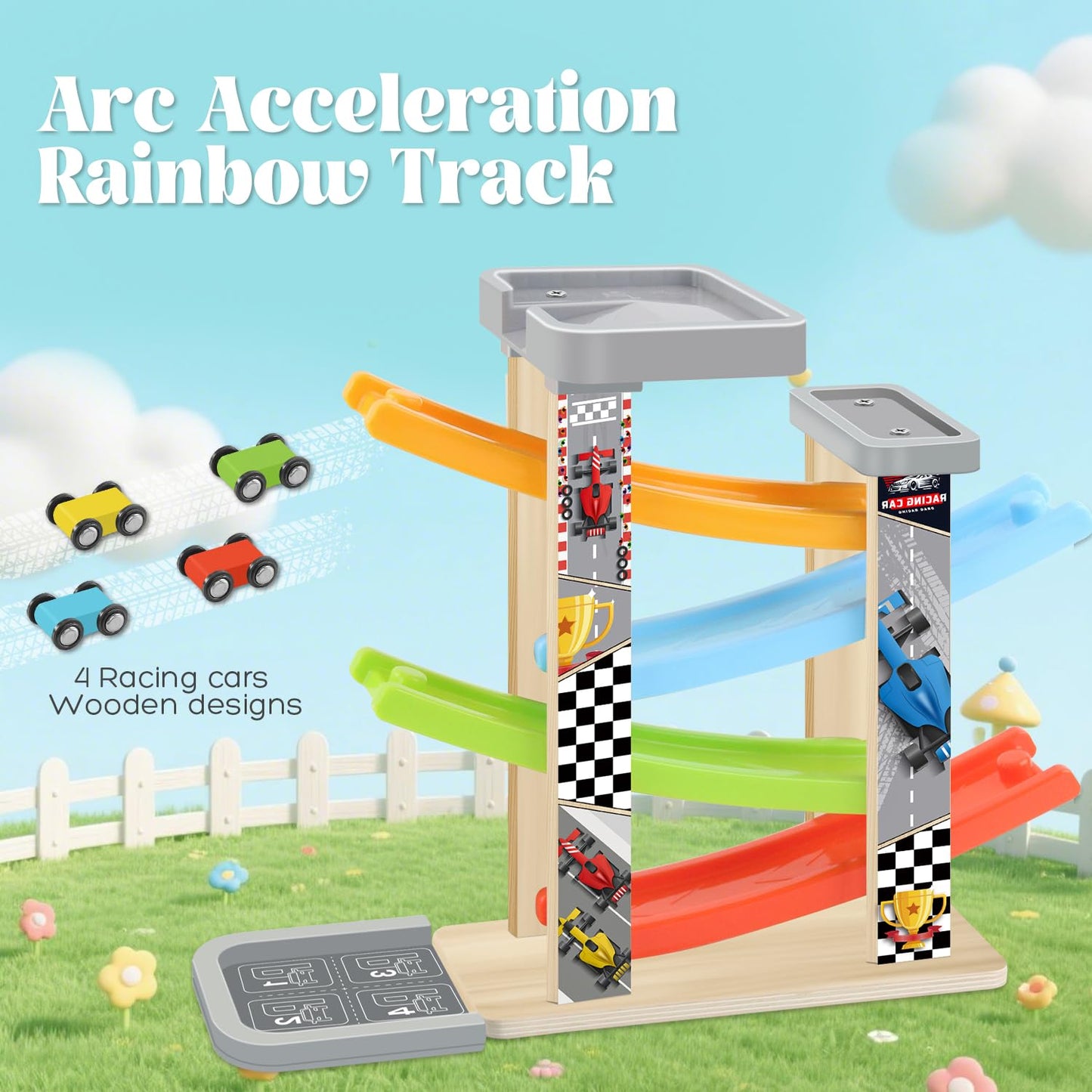 Wooden Car Ramp Toy Set  Montessori Ramp Set Includes 4 Mini Cars and Track - Educational Gift for Boys and Girls 3+ Years Old