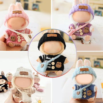 Clothes for LABUBU Doll (NO Doll)  Handcrafted Crochet 3-Piece Accessories for LABUBU 17cm Dolls  enhanced Outfit - Bunny Sweater + Hat + Bag  Cute Clothes for Dress up Unique Style (Blue)