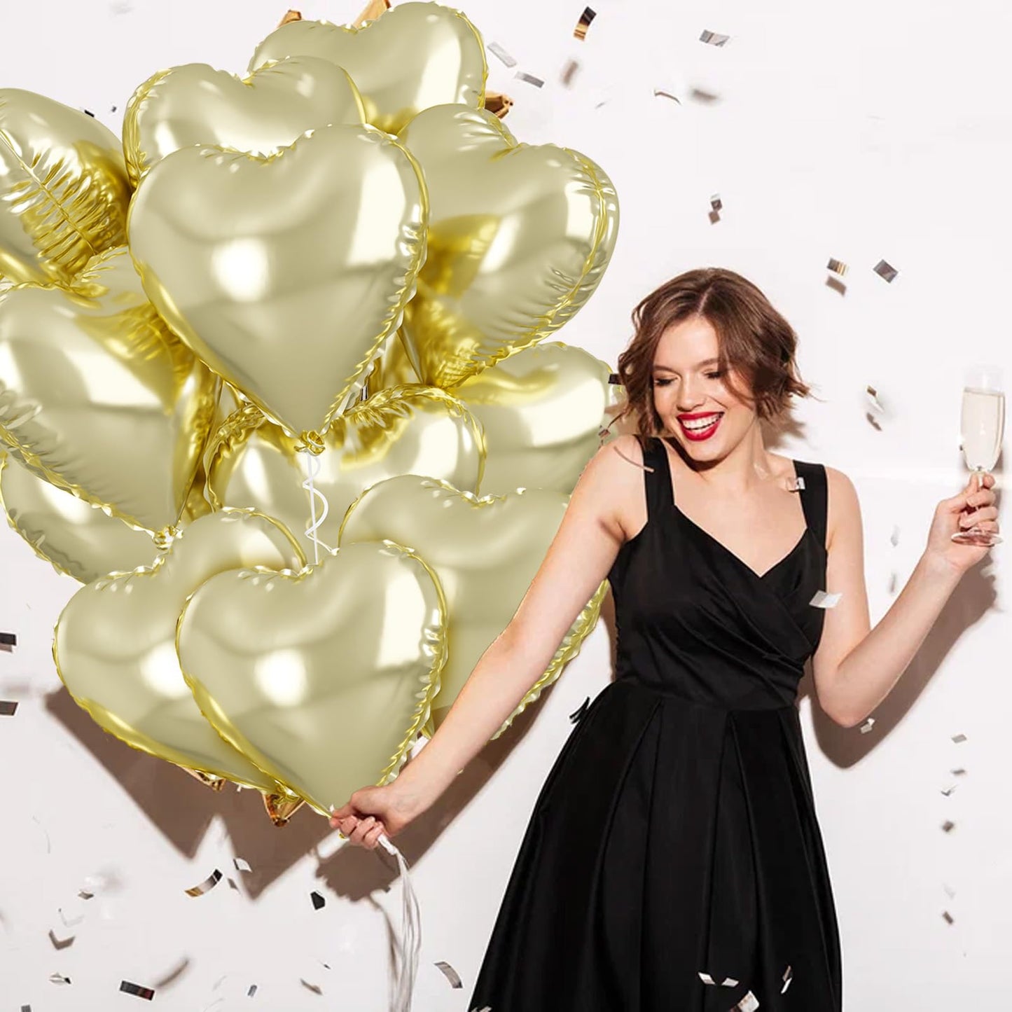 Light Gold Heart Balloons, 18 Inch Pastel Gold Heart Shape Balloons Foil, 10 Pcs Gold Heart Foil Balloons Love Balloon Helium Fo