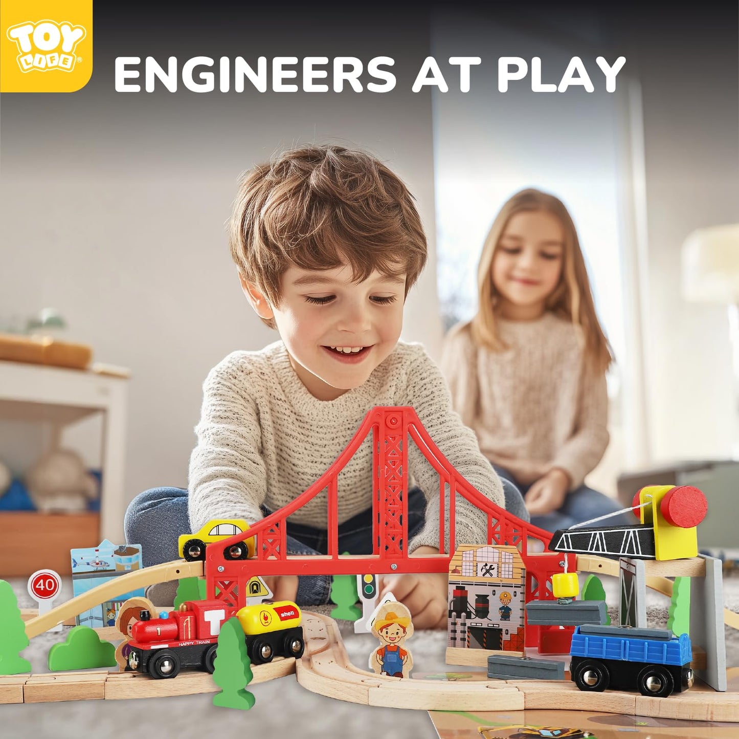 Toy Life Train Set 80Pcs Wooden Train Set With Crane, Wooden Train Tracks Toy Train Set For Toddlers 3 4 5, Wooden Toys Toddler
