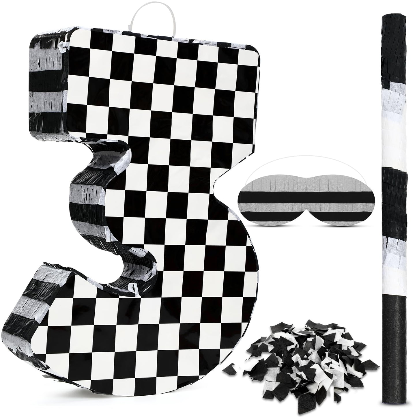 Lewtemi Race Car Number Piata Small Checkered Race Car Birthday Party Decoration Black and White Racing Piata with Stick Confett