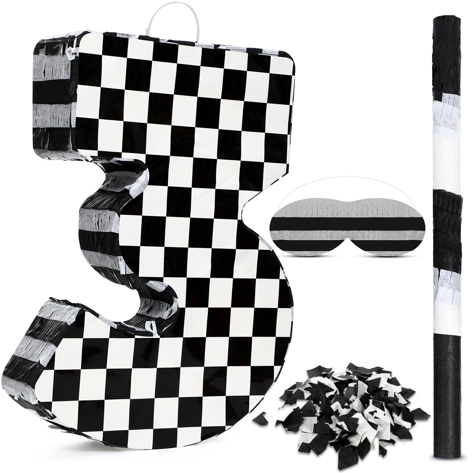 Lewtemi Race Car Number Piata Small Checkered Race Car Birthday Party Decoration Black and White Racing Piata with Stick Confett