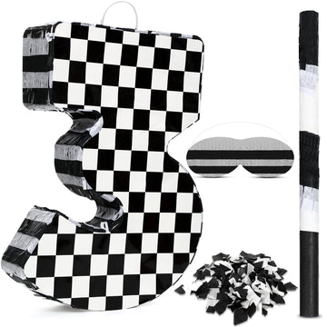 Lewtemi Race Car Number Piata Small Checkered Race Car Birthday Party Decoration Black and White Racing Piata with Stick Confett
