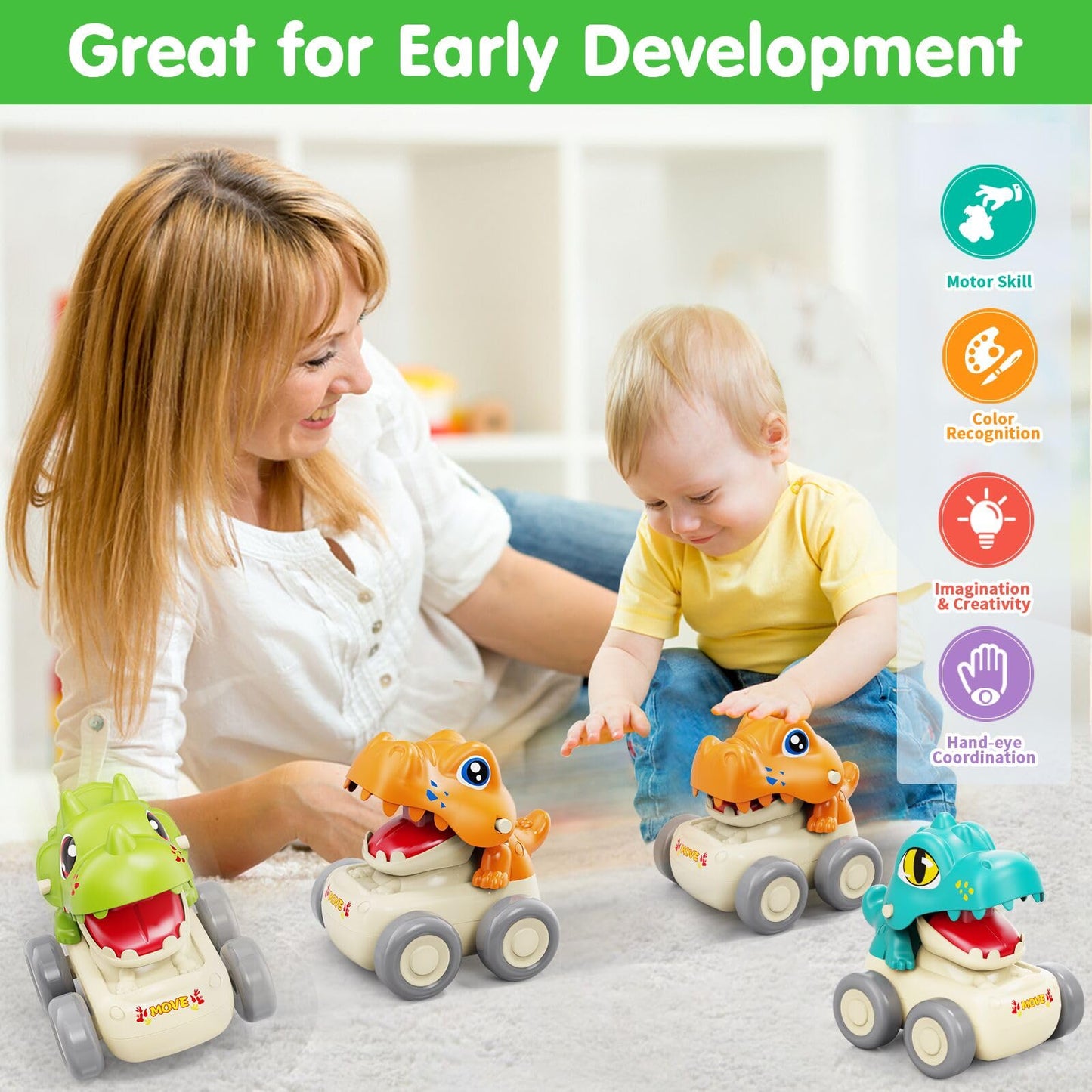 MOONTOY Baby Car Dinosaur Toys for 1 2 Year Old Boy Press and Go Cars for Toddlers 1-3, Push Go Dino Cars Toddler Toys Age 1-2 0