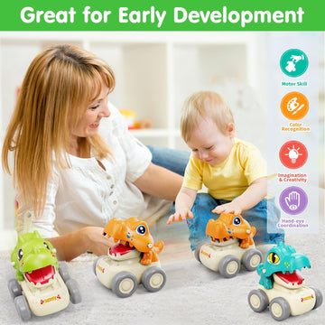 MOONTOY Baby Car Dinosaur Toys for 1 2 Year Old Boy Press and Go Cars for Toddlers 1-3, Push Go Dino Cars Toddler Toys Age 1-2 0
