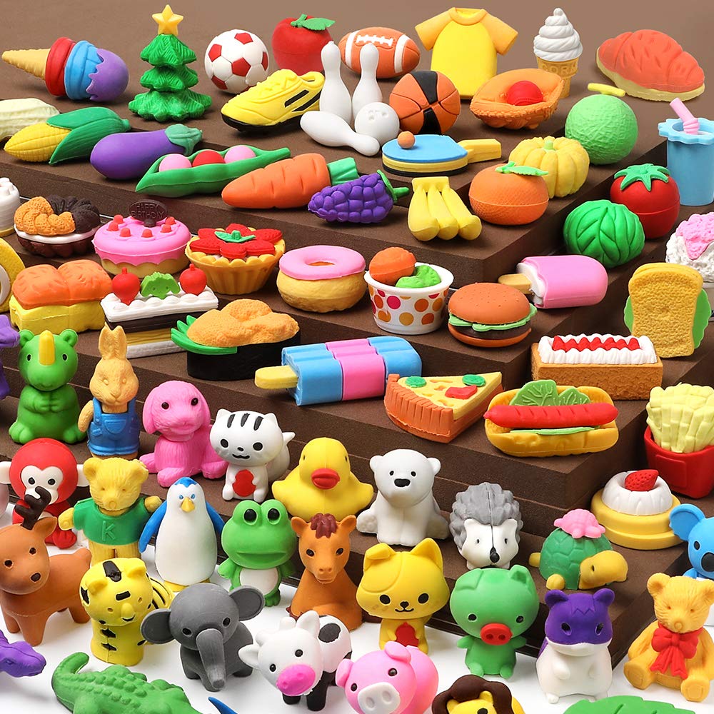 UMIKU 100 Pack Animal Pencil Erasers, 3D Rubber Desk Pets, Multicolor Classroom Prizes & Party Favors, Model 100p-xpc