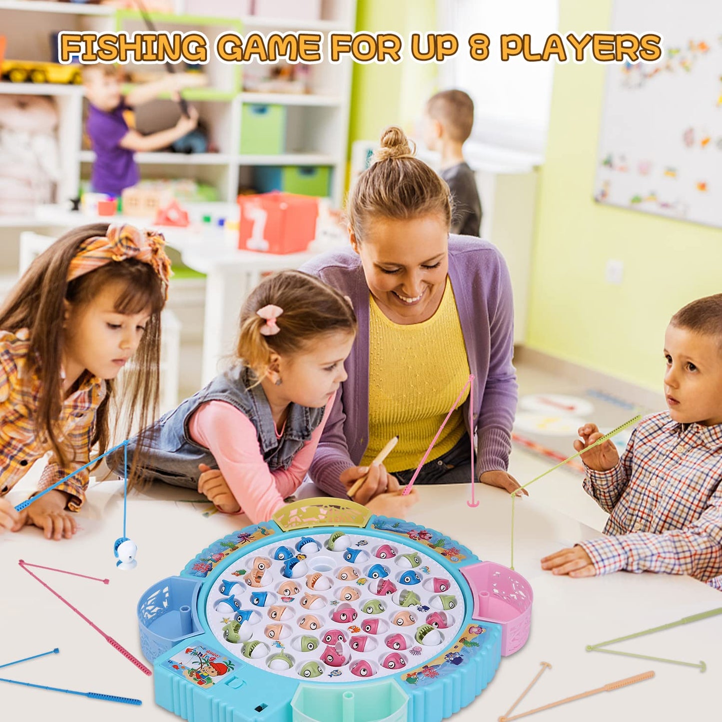 Magnetic Fishing Game Toys, Rotating Board Game With Music Including 45 Fishes And 8 Fishing Poles, Party Game Toys For Kids Age 3 4 5 6 7 And Up