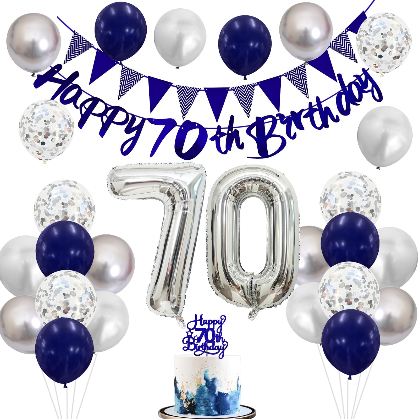 70Th Birthday Decorations For Men, Navy Blue Silver 70Th Birthday Balloons With Blue Happy 70Th Birthday Banner 70 Birthday Cake