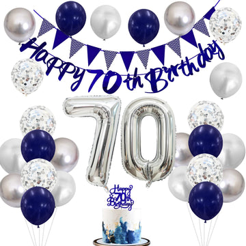70Th Birthday Decorations For Men, Navy Blue Silver 70Th Birthday Balloons With Blue Happy 70Th Birthday Banner 70 Birthday Cake