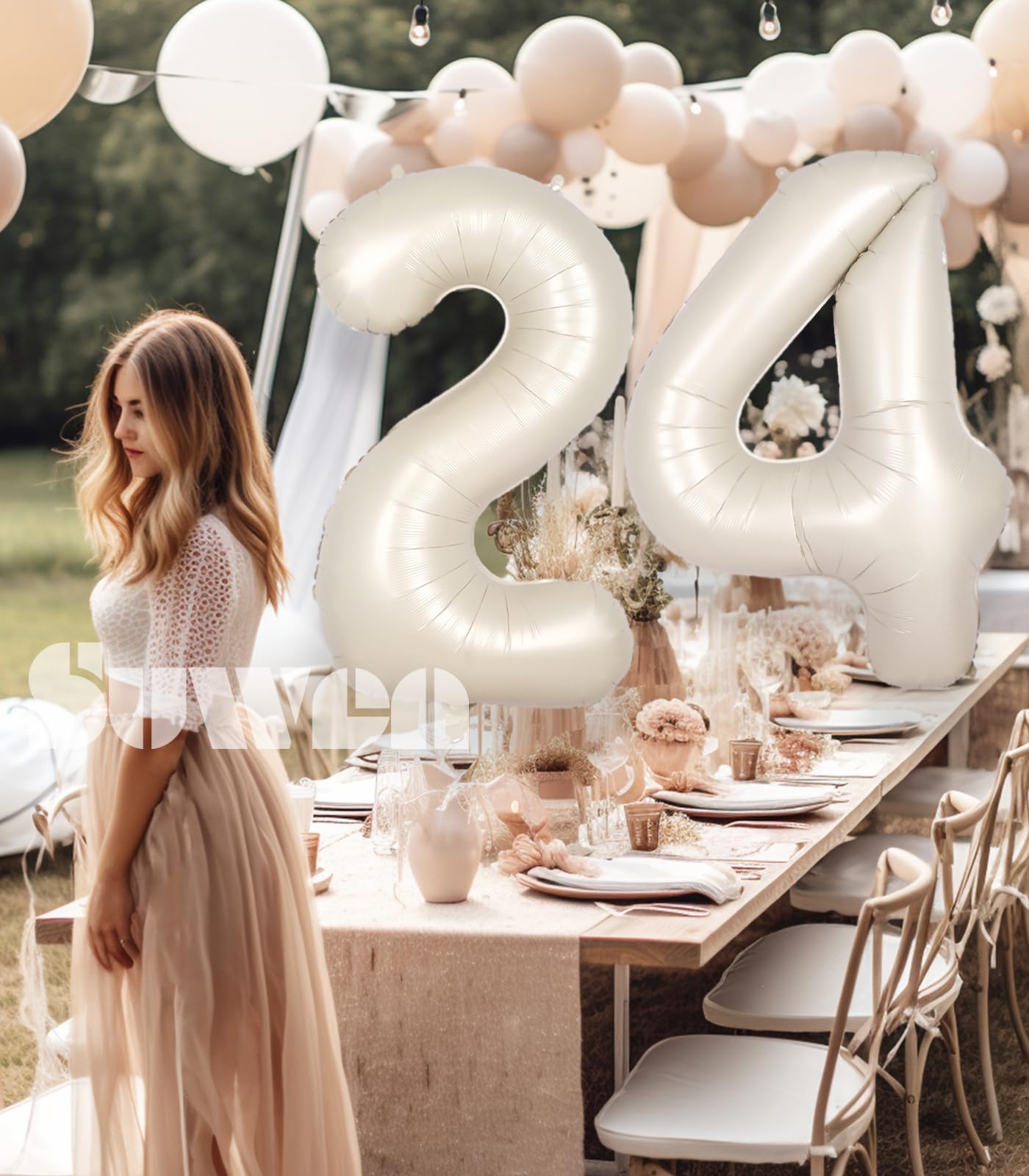 Suwen 40 Inch Large Cream White 24 Number Balloons Big Foil Helium Number Balloons 0-9 Jumbo Happy 24Th Mylar Birthday Party Dec