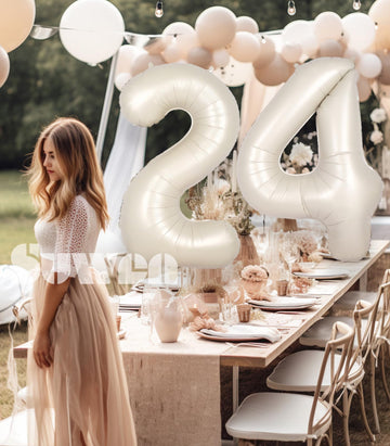 Suwen 40 Inch Large Cream White 24 Number Balloons Big Foil Helium Number Balloons 0-9 Jumbo Happy 24Th Mylar Birthday Party Dec