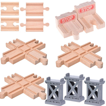 Ioffersuper 12 pcs Wooden Train Track Set, Male-Male Female-Female Bump Track,Bridge Pier Track(Random Color),Cross Track and St
