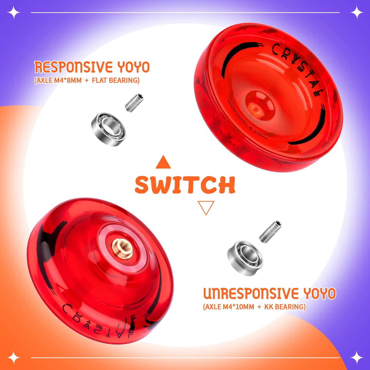 Professional Responsive Yoyo K2 Crystal, Dual Purpose Plastic Yoyo For Kids Beginner, Replacement Unresponsive Bearing For Advanced Yoyo Players + Removal Tool + 12 Yoyo Strings + Yo Yo Bag(Red)