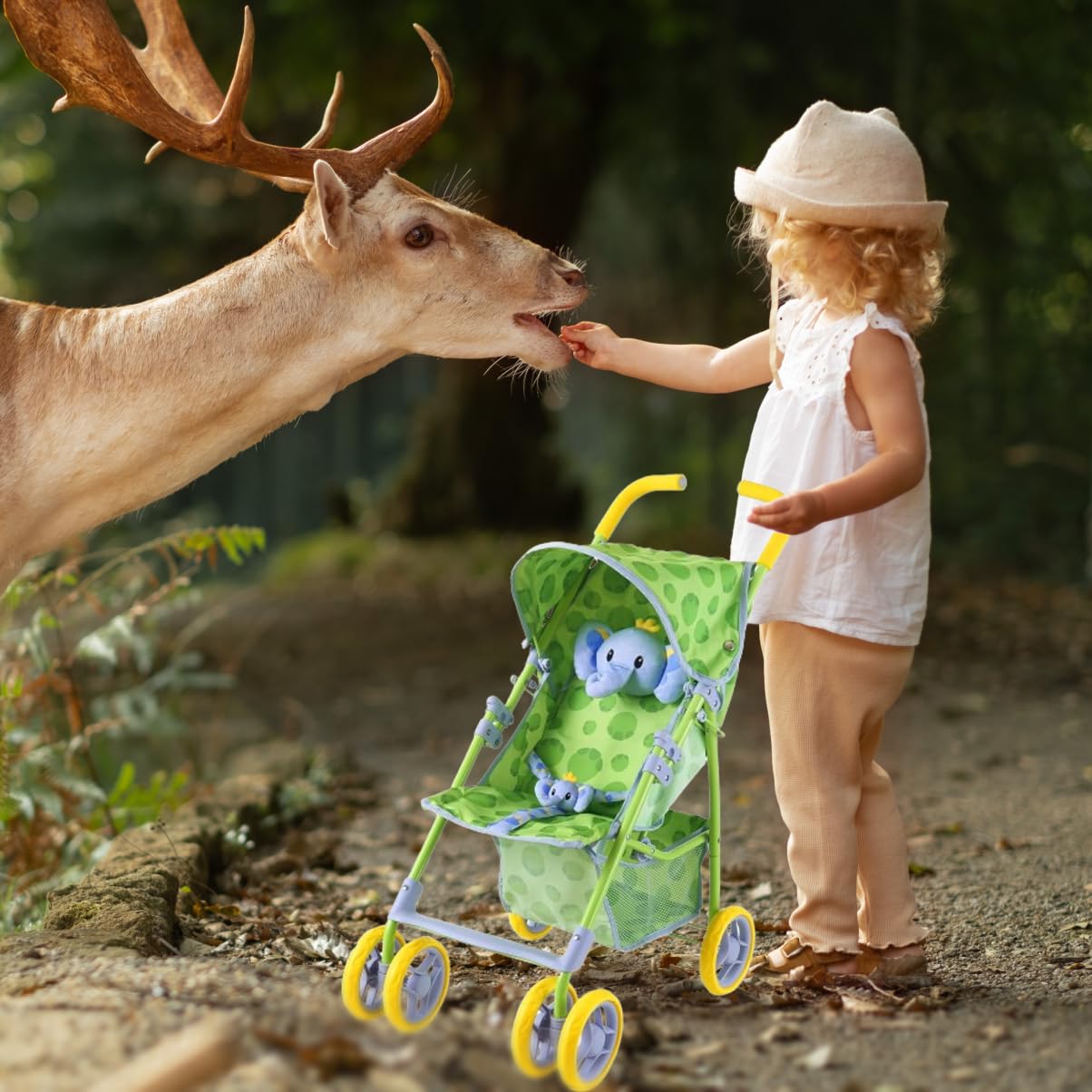 Baby Doll Stroller for Toddlers 1-3, Pillow Animal Toy Stoller for Dolls, Green Folding Baby Toy Stroller for Dolls, Foldable Ba