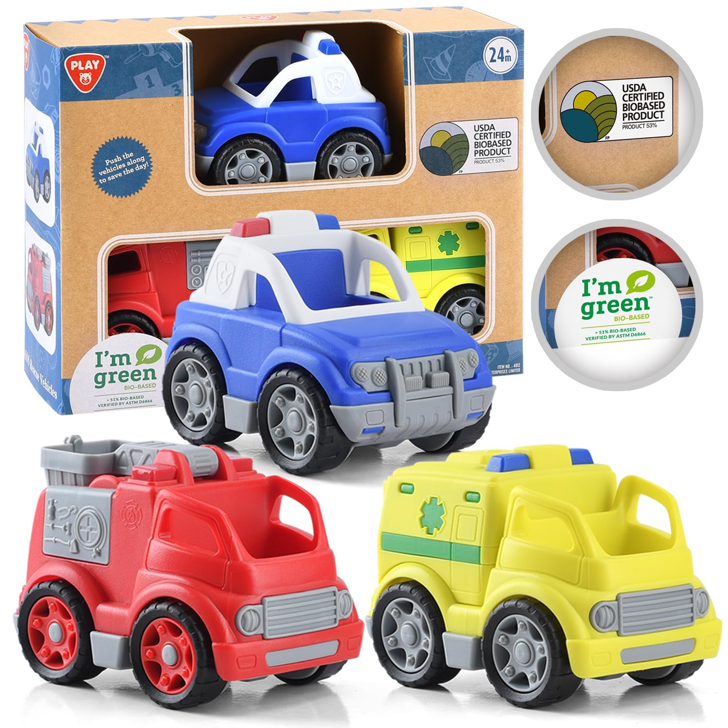 PLAY Eco-Friendly 3 in 1 Emergency Vehicle Toy Set, [USDA Certified] No BPA/Phthalate/PVC, Recycled Bioplastic Rescue Vehicle wi