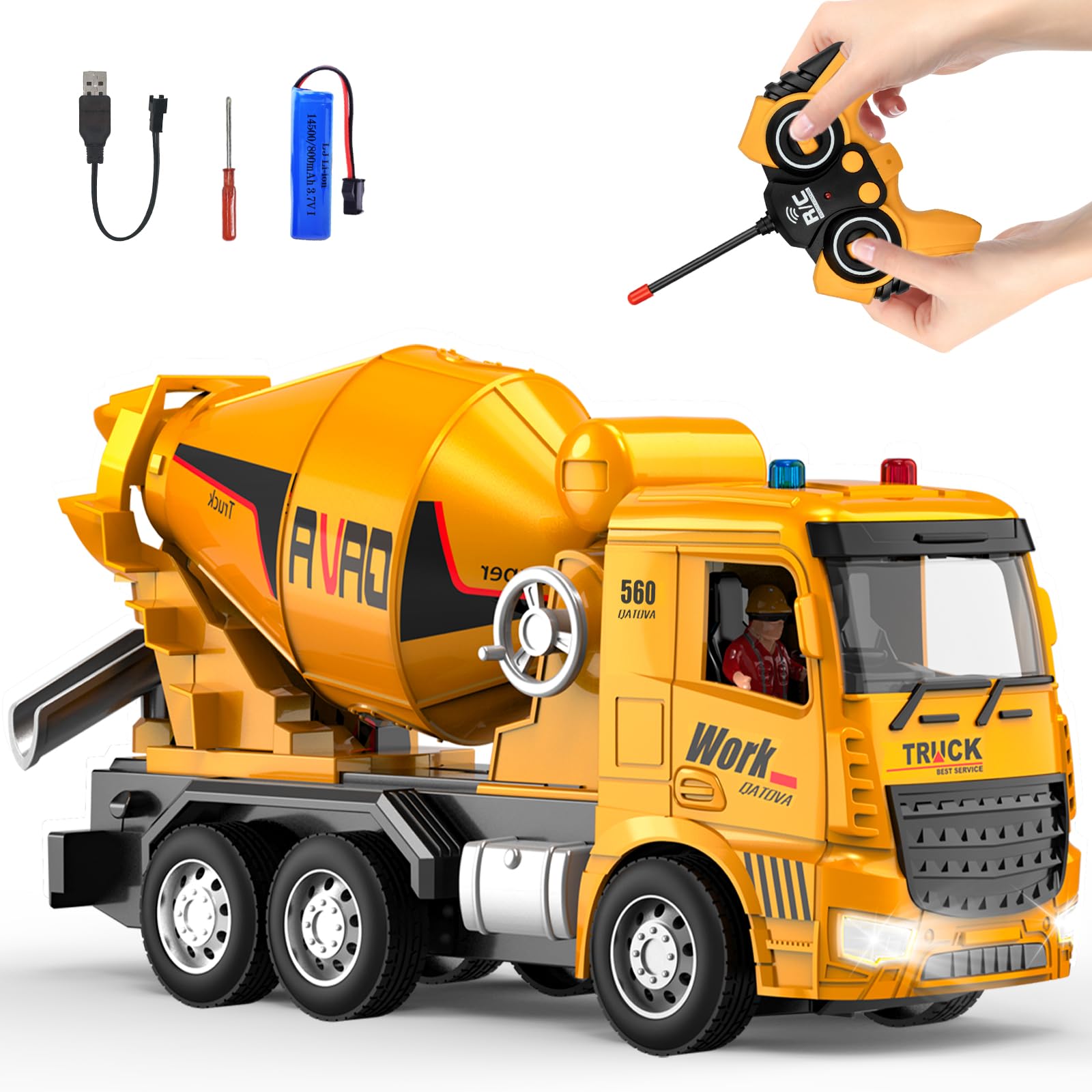 MQDMINI Cement Mixer Toy Truck - Children's Remote Control Truck, Toy Cement Mixer Rechargable Hydraulic Car for 6 7 8 9 Year Ol